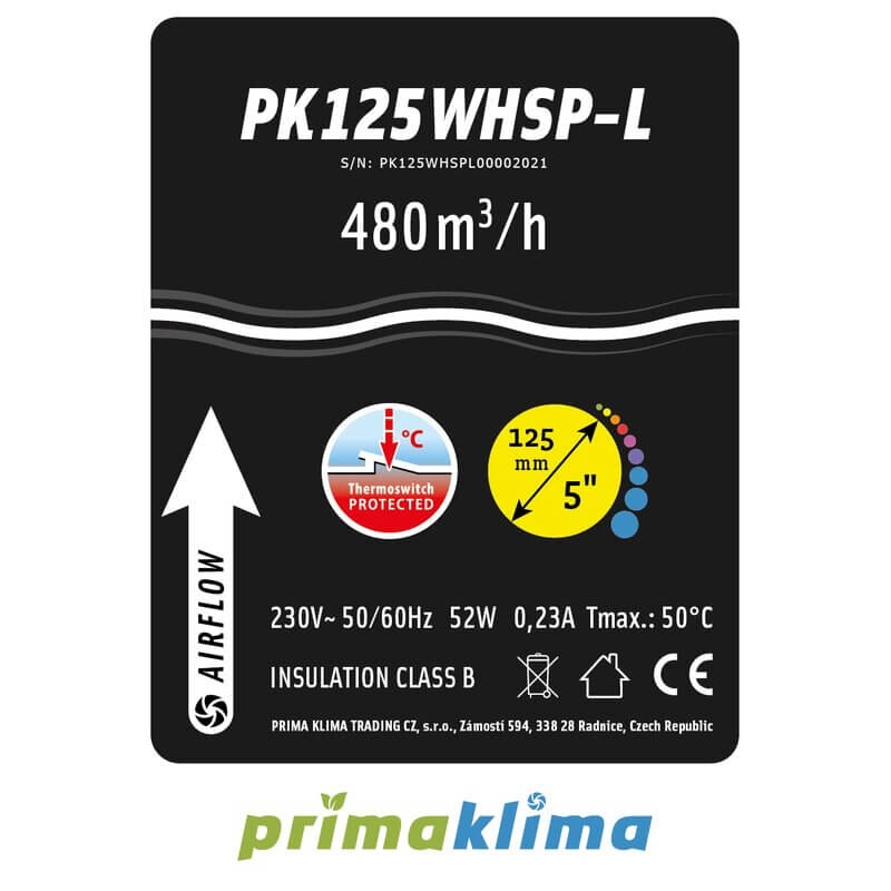 Prima Klima Silenced Fan Whisperblower 1 Speed 480m³/h 125mm PK125WHSP-L