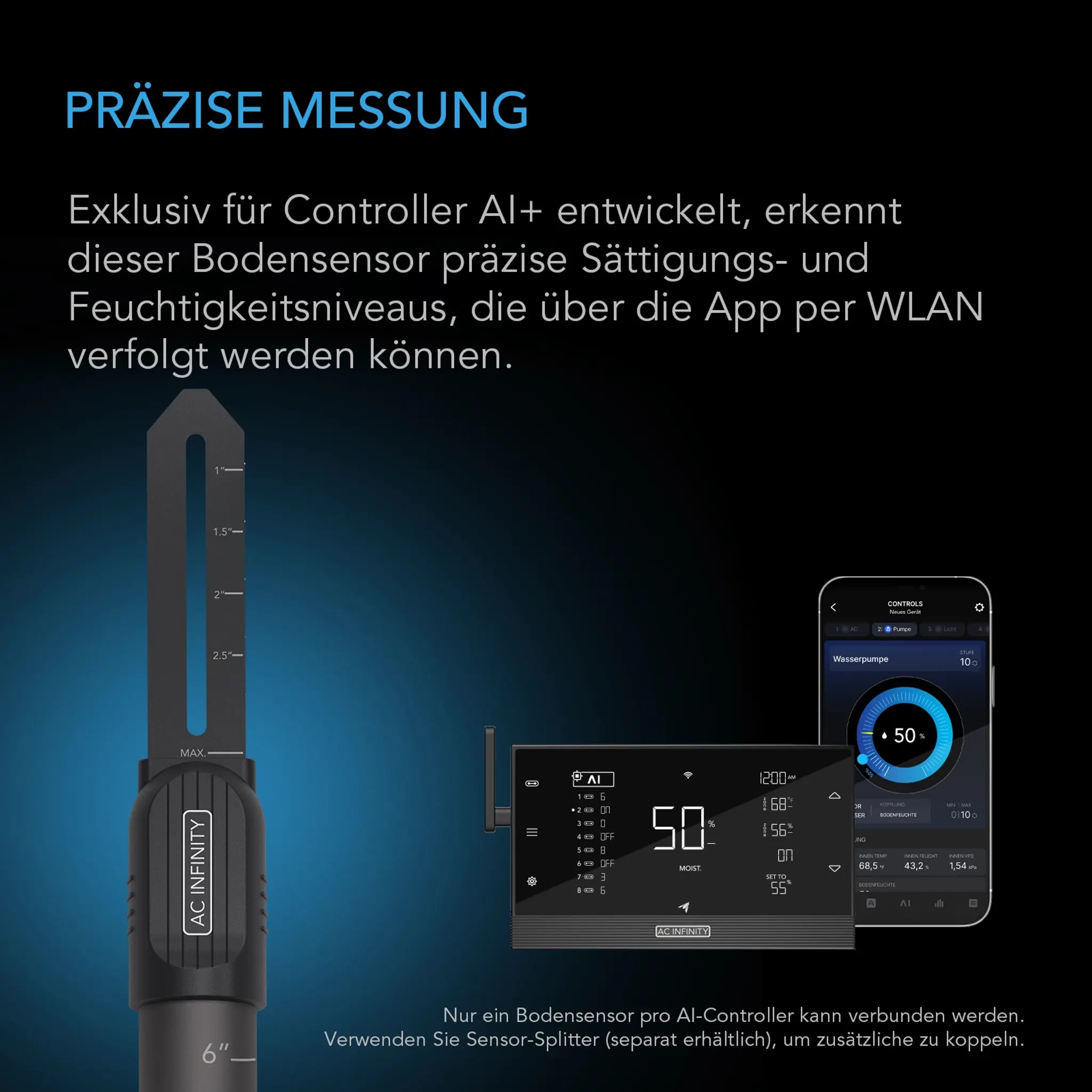 AC Infinity Bodensensor-Sonde Exklusiv fur Controller AI+, Uberwacht Feuchtigkeits- und Sattigungsniveaus Details 1