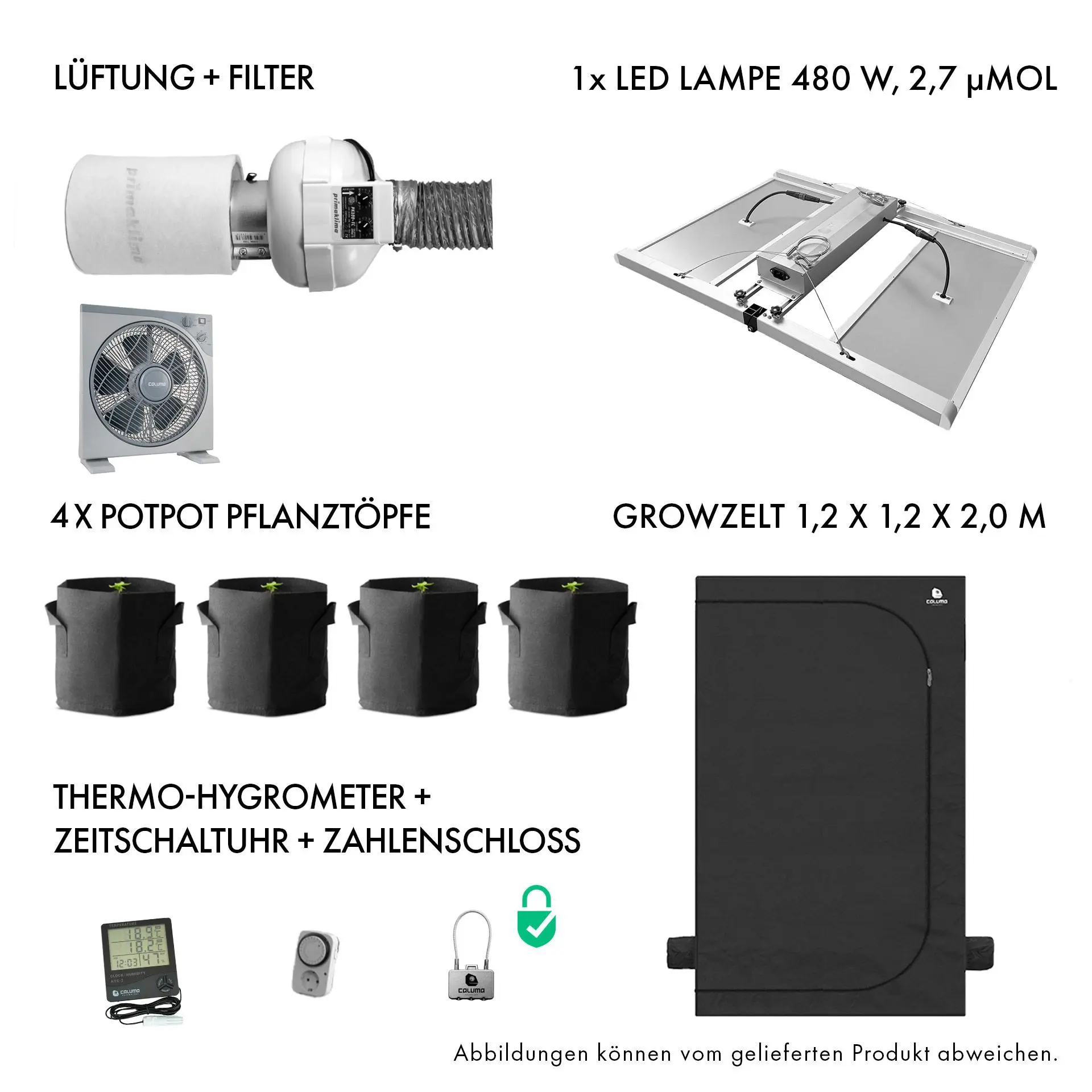 Growbox Komplettset 480W LED 120x120cm - Caluma Set - 4 Plants Plus Premium