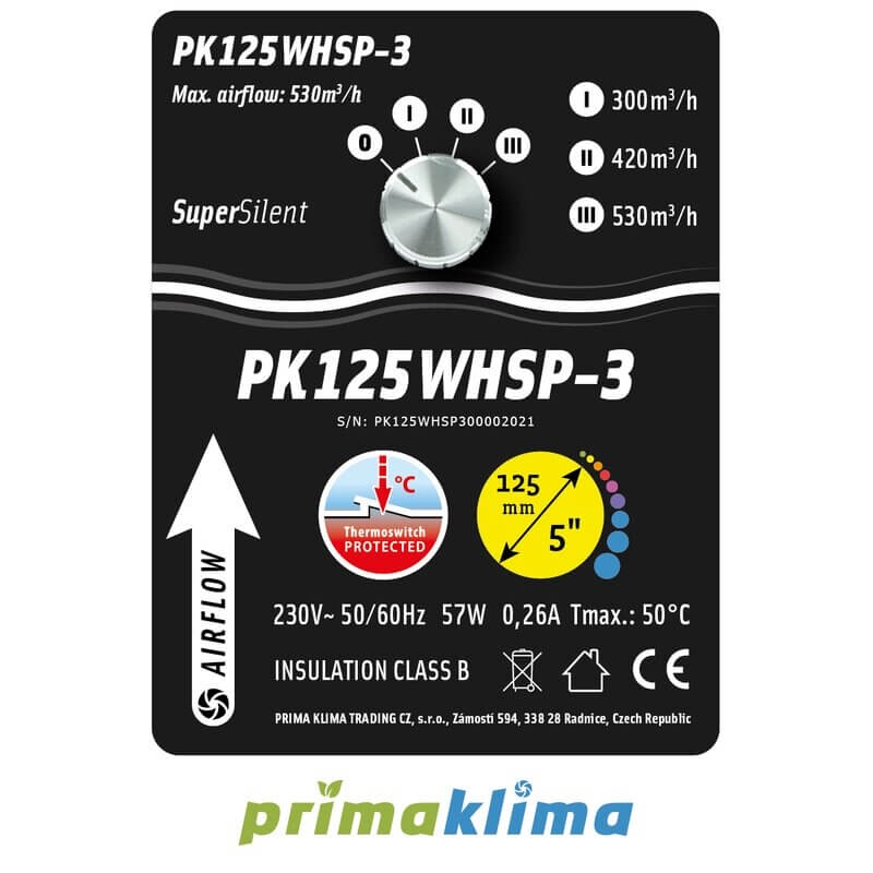 Prima Klima Silenced Fan Whisperblower 3 Speed max. 530m³/h 125mm PK125WHSP-3