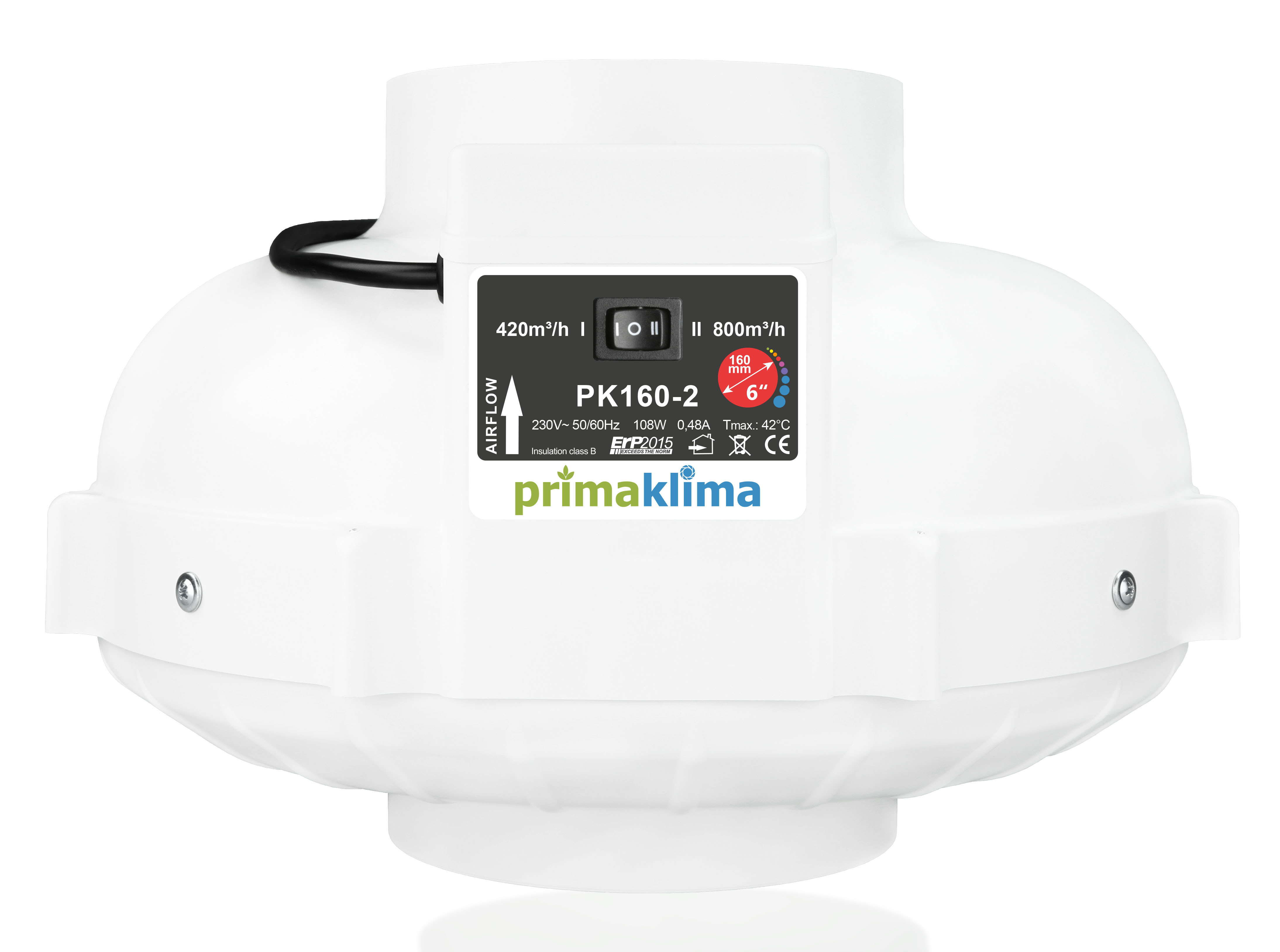 Prima Klima Rohrventilator 2-Speed 420/800m³/h 160mm PK160-2