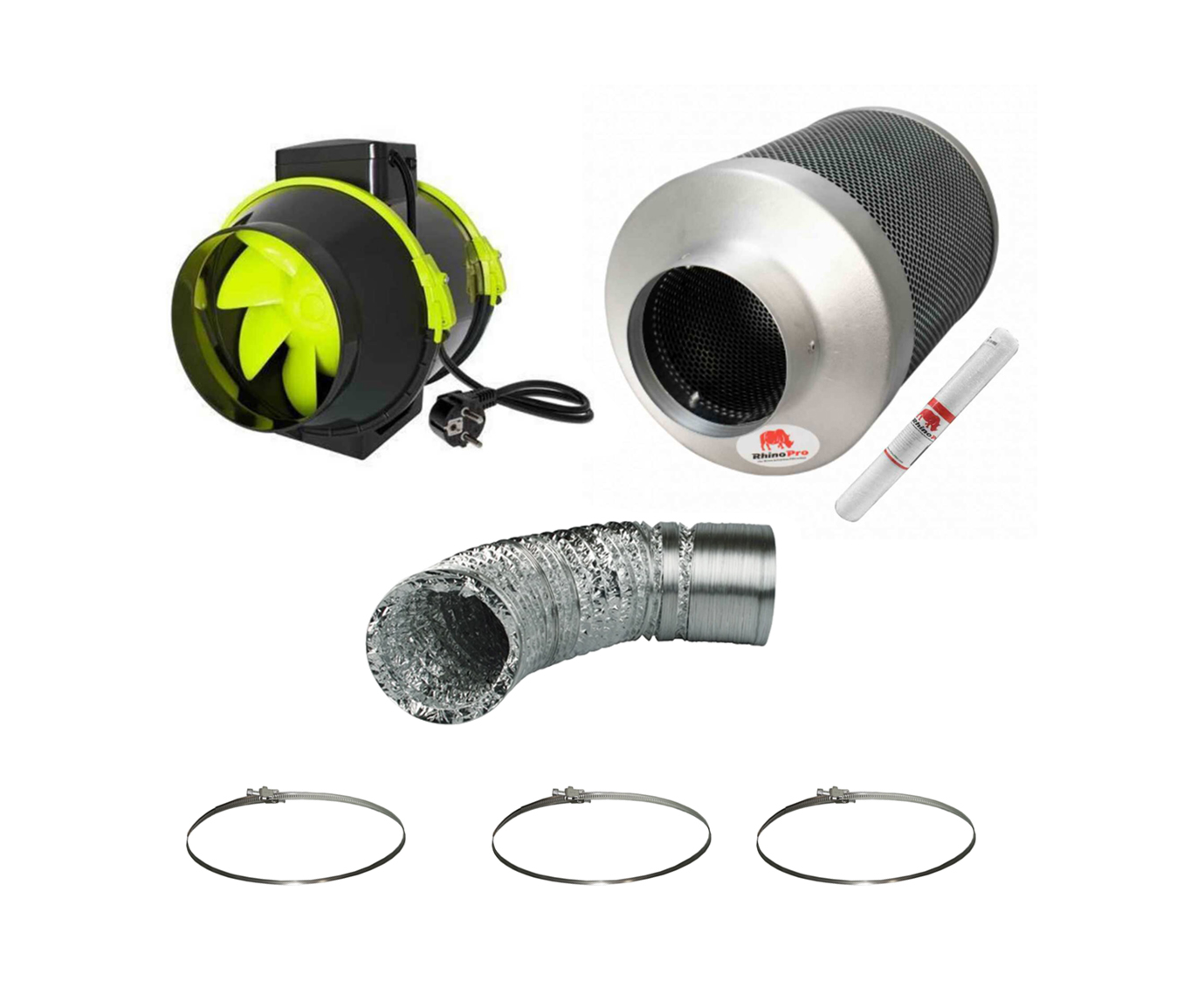 Abluft Komplett Set GHP Pro 2 Stufen 520mh 150mm mit 3 klemmen kopie mit 2 Schlauchschellen