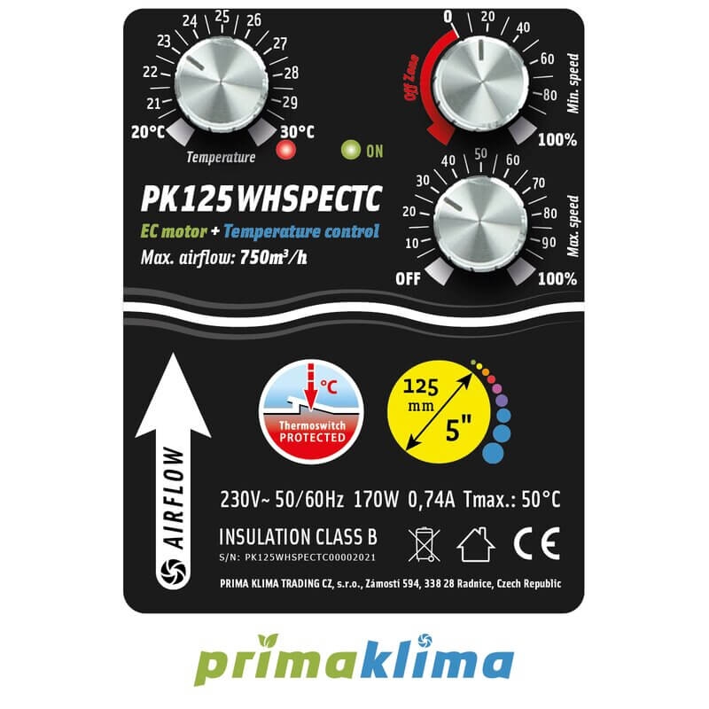 Prima Klima Silenced Fan Whisperblower EC Temp. Controlled 800m³/h 125mm PK125WHSPECTC